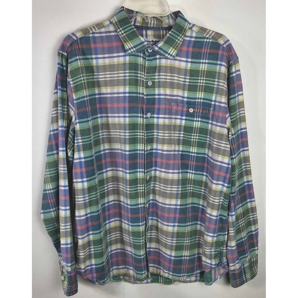 Tommy Bahama Shirt Mens XL Blue Green Madras Plaid Long Sleeve Tencel Preppy